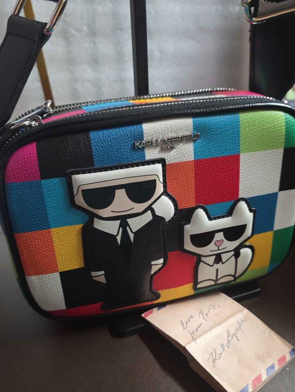 Karl Lagerfeld Multicolor Checkered Camera Crossbody Euc - Picture 3 of 13